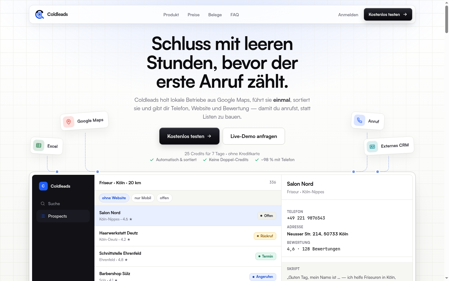 Screenshot of the Coldleads website