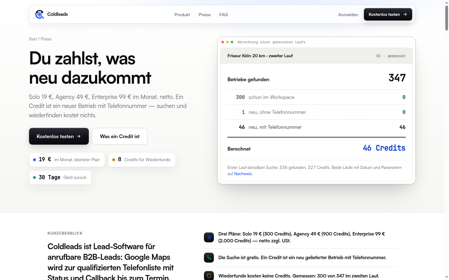Screenshot of the Coldleads website