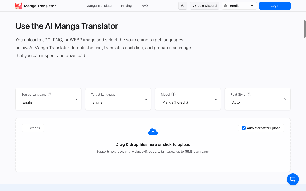 Schermata del sito web di manga translator AI